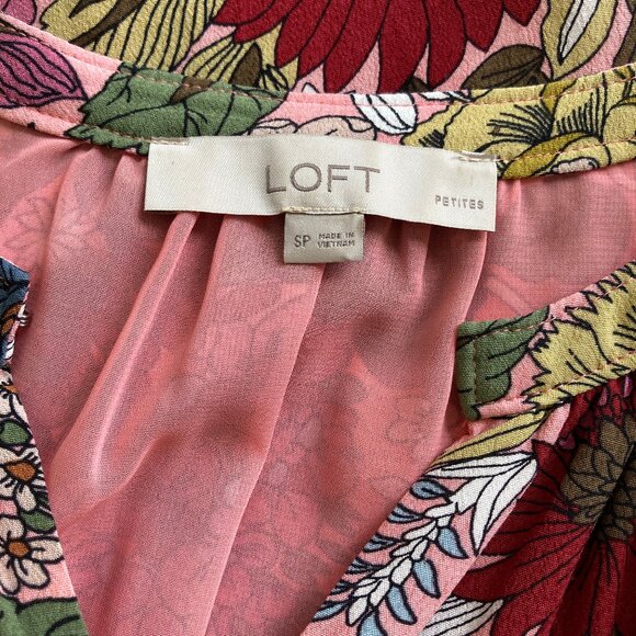 LOFT  Burgundy Coral Olive Green Floral Sleeveless V Neck Dress Small Petite - Picture 9 of 9